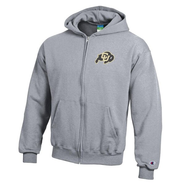 A full zip grey hoodie with a fleece inside. There's a CU buffalo logo printed on the left chest